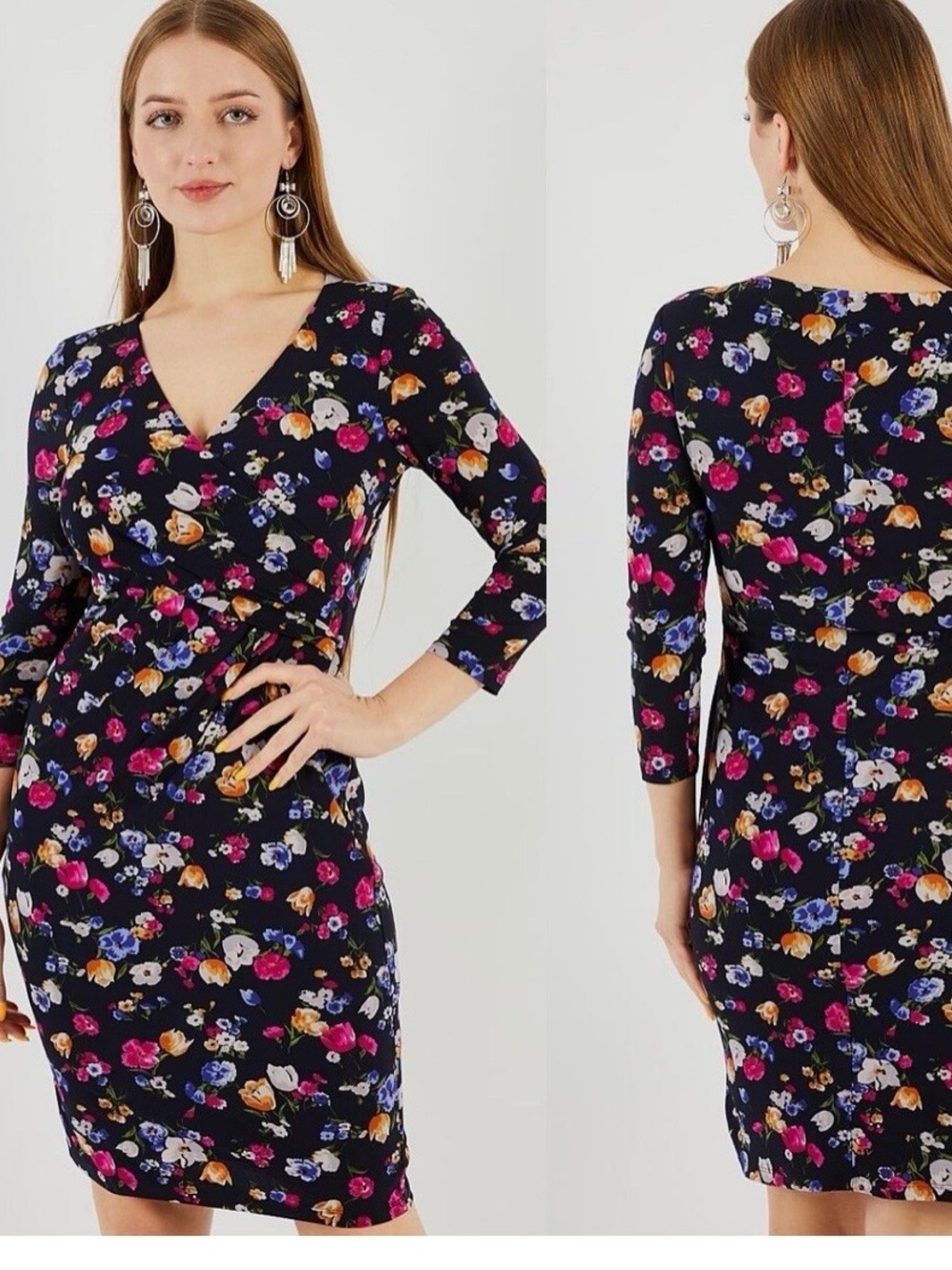Lauren Ralph Lauren Navy Blue Floral V-Neck Long Sleeve Sheath Dress